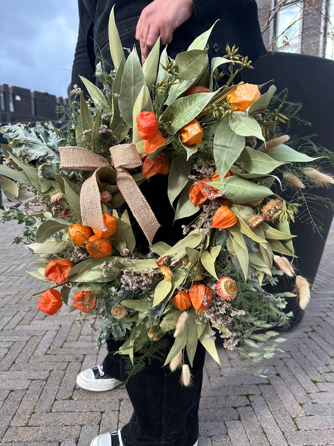 Dried Autumn Harvest Wreath – Natural Foliage &amp; Orange Lantern Detail