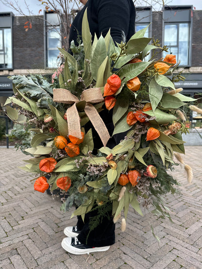 Dried Autumn Harvest Wreath – Natural Foliage &amp; Orange Lantern Detail